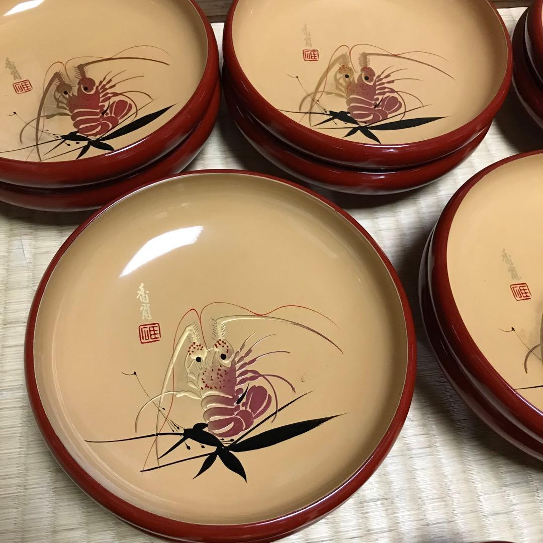 輪島塗 刺身皿10客セット漆器 エビと竹のデザインセット