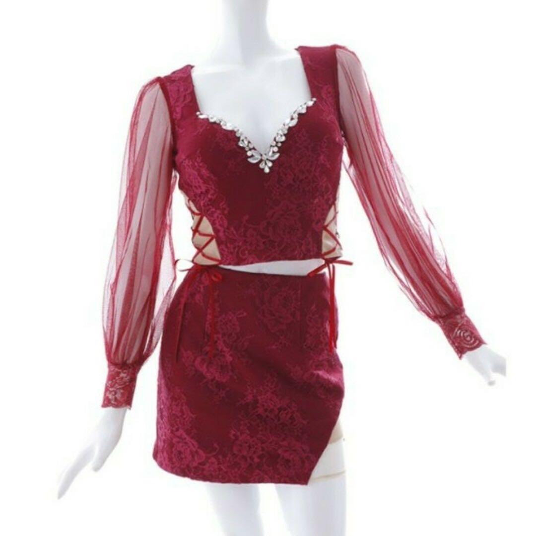 JEWELSセットアップミニドレスチュール袖キャバドレス Mサイズ ワインレッド