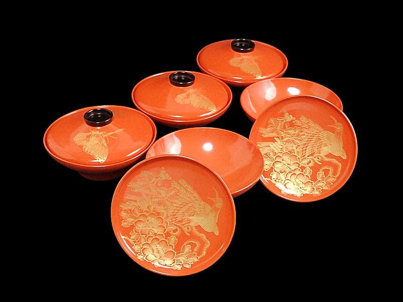 沈金　吸物椀　蝶に孔雀の図　朱色　木製品　５客　N1105AS-fbui