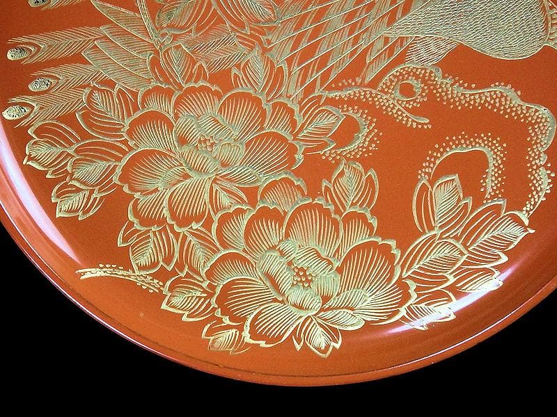 沈金　吸物椀　蝶に孔雀の図　朱色　木製品　５客　N1105AS-fbui