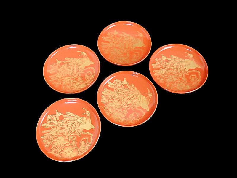 沈金　吸物椀　蝶に孔雀の図　朱色　木製品　５客　N1105AS-fbui