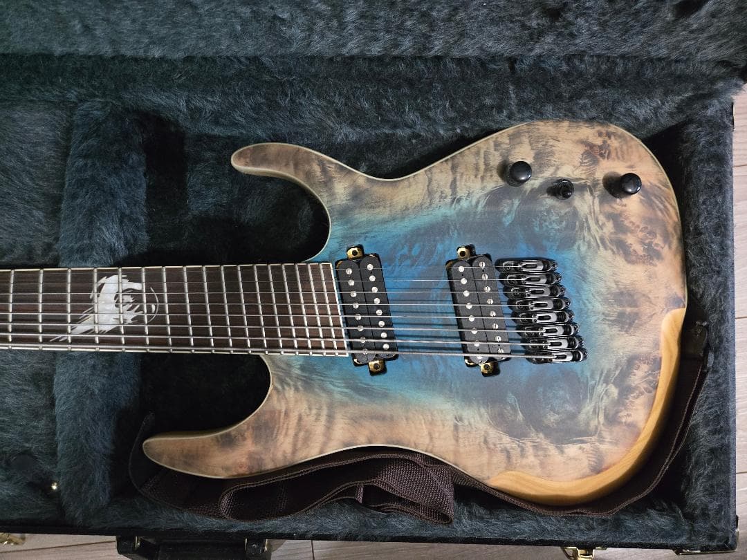 8弦ギター、ハードケースとストラップ付き