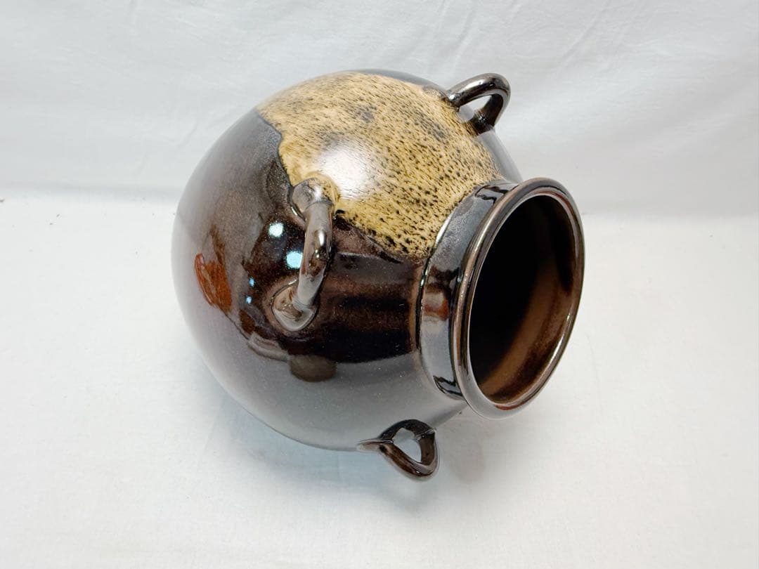 未使用 茶道具 平安 草山作 天目釉 飾壺 絹 陶印 飾網紐 口切茶事 共箱