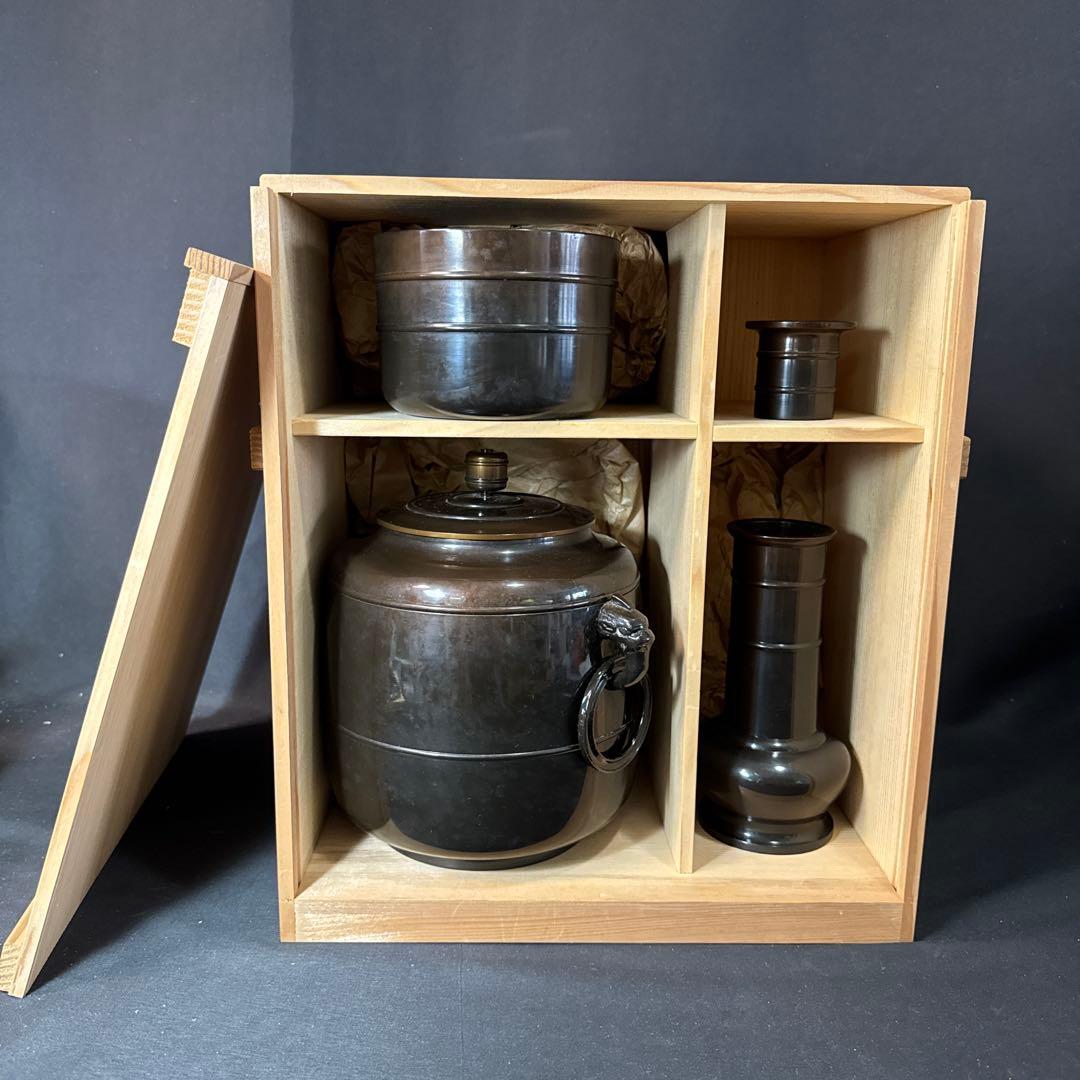 G21 送料無料　唐銅皆具　建水　尺立　水指　茶道具　蓋置 共箱　在銘