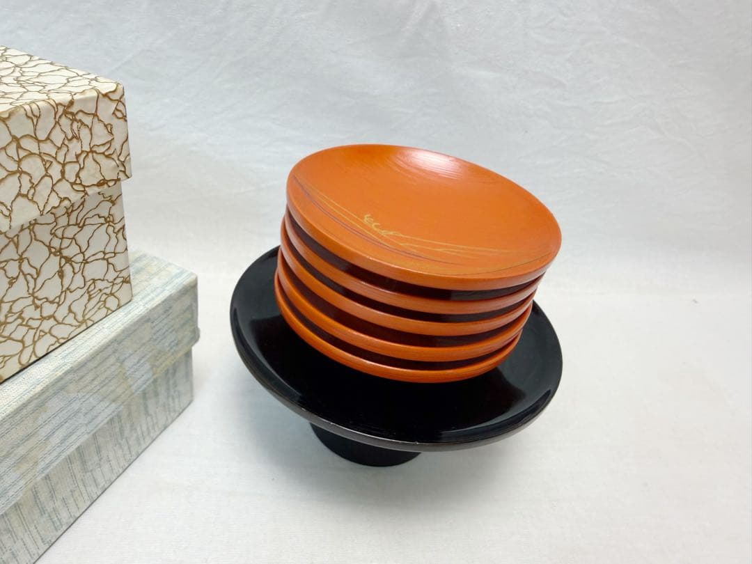 ほぼ未使用 茶道具 木製盃 玄々斎好写 わらび波引盃 五客セット 刷毛目紙箱