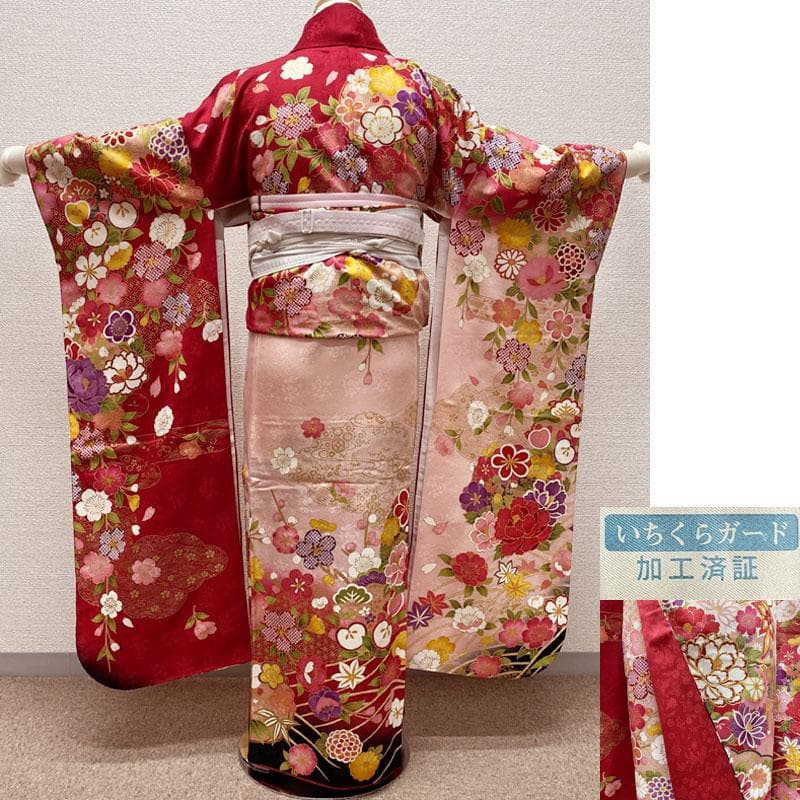 512aj57◎振袖のみ 金彩 金駒刺繍 成人式 結婚式 十三参り 赤◎美品