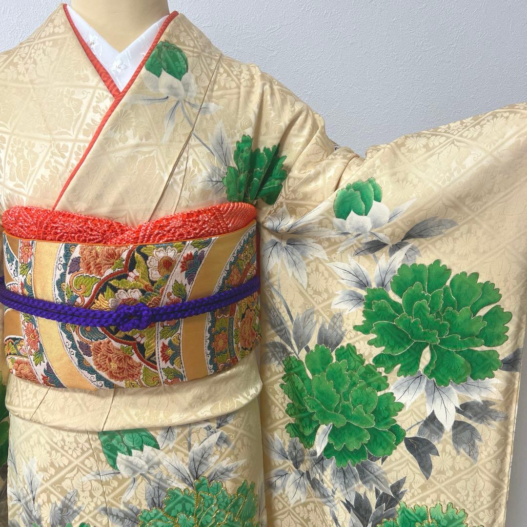 398 振袖フルセット 正絹 クリーム グリーン 緑 黄 金彩 手描き 駒刺繍