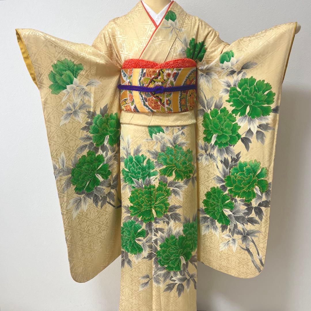 398 振袖フルセット 正絹 クリーム グリーン 緑 黄 金彩 手描き 駒刺繍
