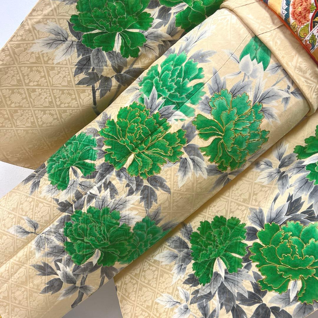 398 振袖フルセット 正絹 クリーム グリーン 緑 黄 金彩 手描き 駒刺繍