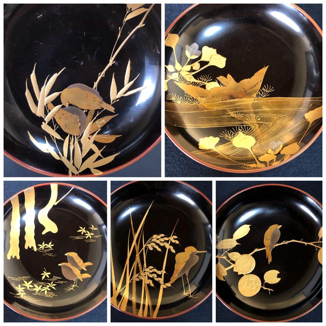 《R》懐石 絵変り鳥蒔絵 雑煮椀10客 木製漆器 木箱　260109き2