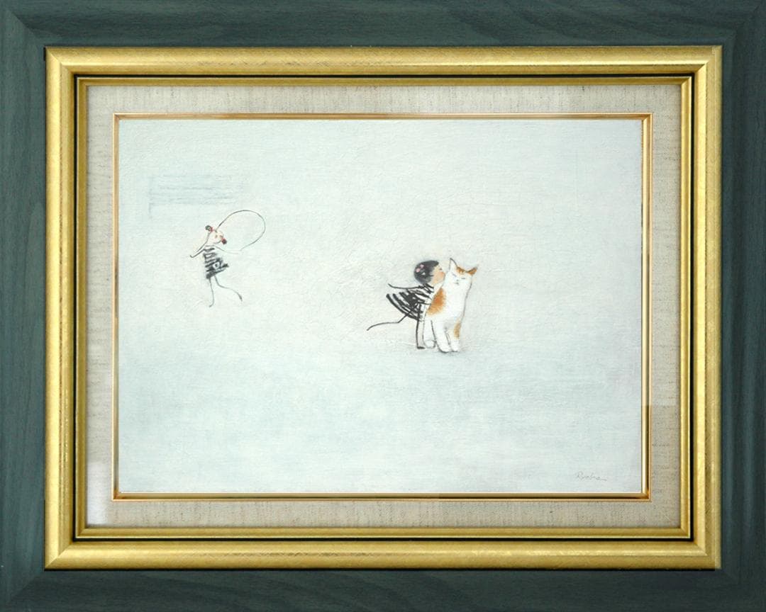 油絵 菅家令子絵 絵画インテリア額付(青緑＋金色の枠)F4-090718子猫女子