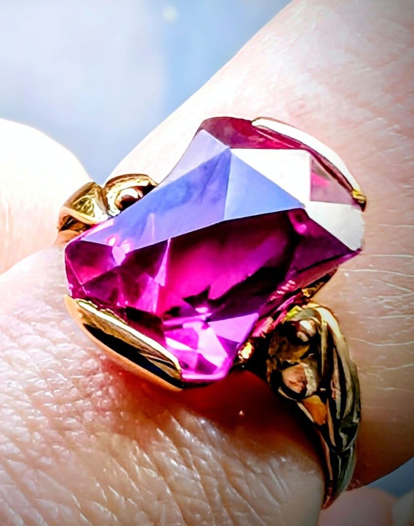 け*い様 レアカット✨️K18 昭和ヴィンテージ 合成サファイアリング 10号