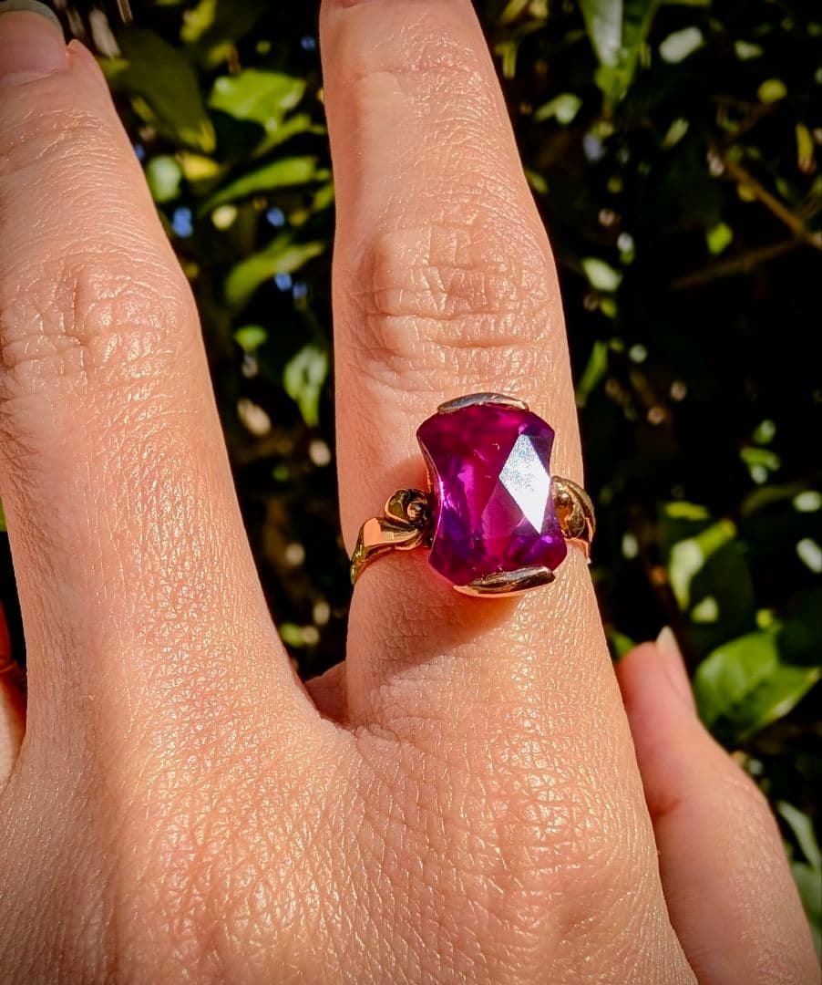 け*い様 レアカット✨️K18 昭和ヴィンテージ 合成サファイアリング 10号