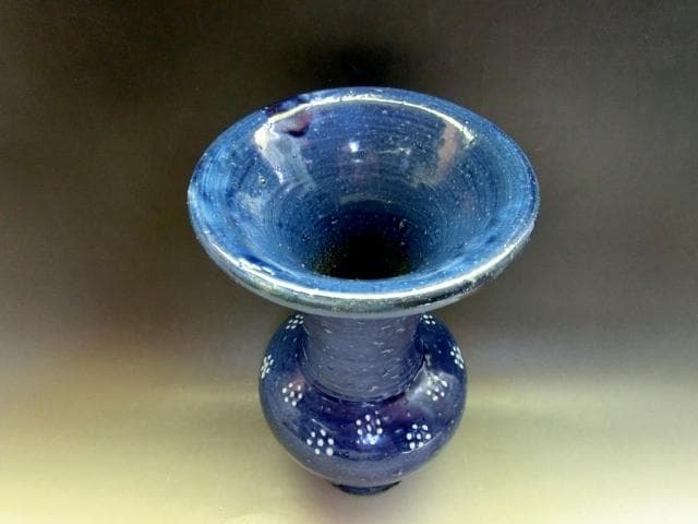 花瓶■青釉七点花文口広瓶 古い花器 花生け 染付 古玩 唐物 時代物 骨董品■