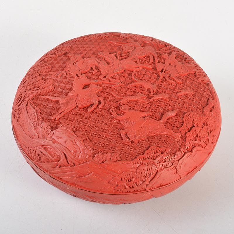 中国　堆朱風　山水人物文　蓋物　V　6442