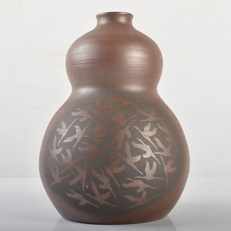 萬古焼　醉月陶苑　清水洋作　鶴文　瓢箪壷　共箱　V　R6578