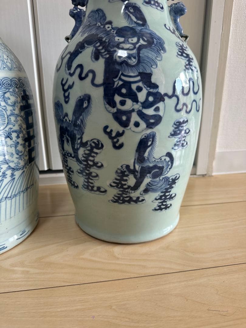 清時代　染付大花瓶　青華 獅子　骨董古美術