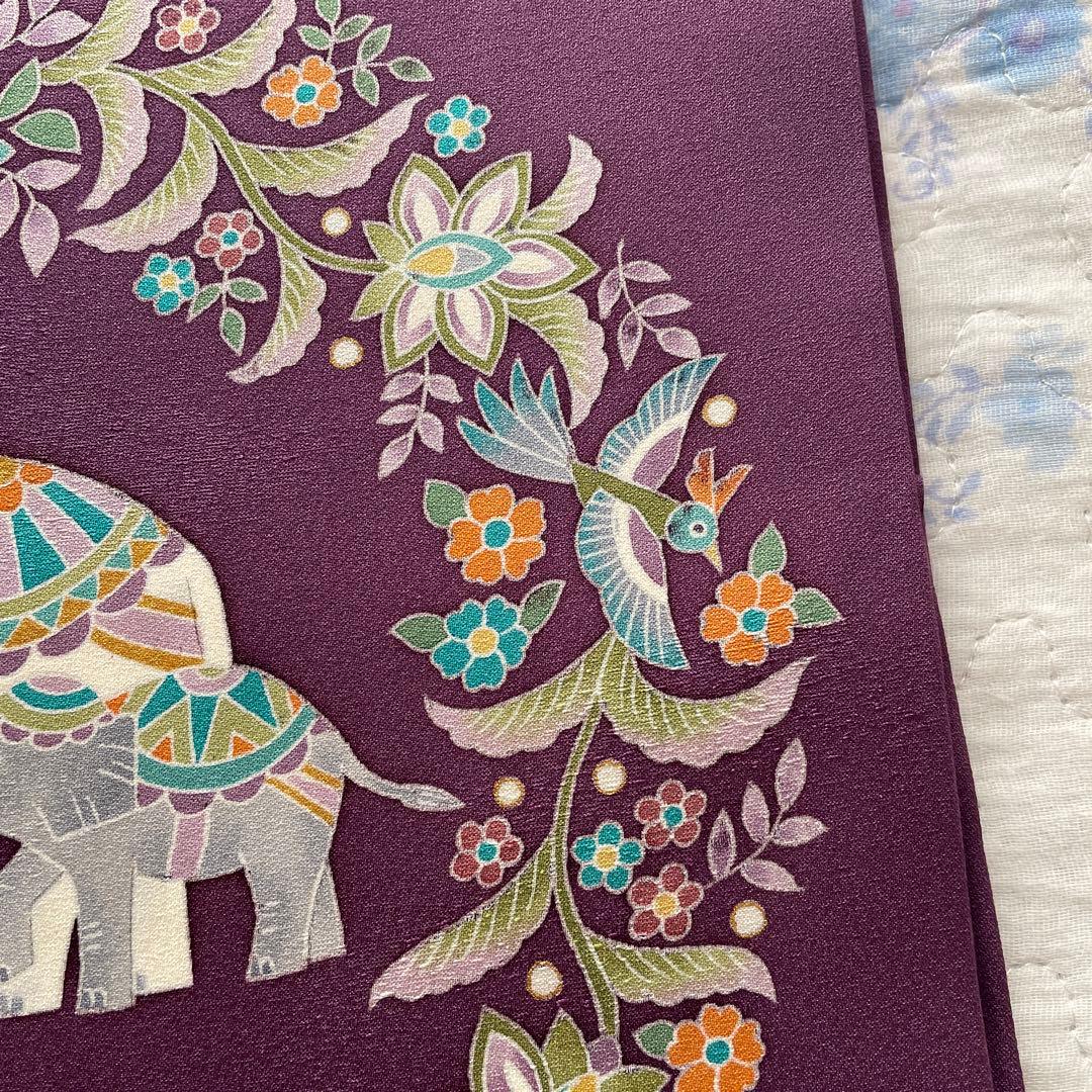 名古屋帯 象と花の柄紫色　正絹　長尺