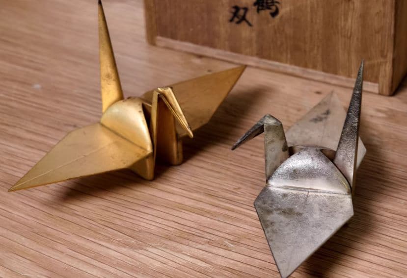 日本製 銀メッキ折り鶴置物（ペア）