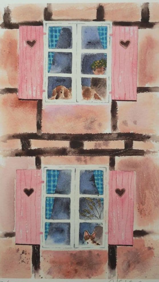 猫の版画 渡辺あきお 額装品 ジクレー 限定品 メルヘン 癒し系 猫好き 犬好き