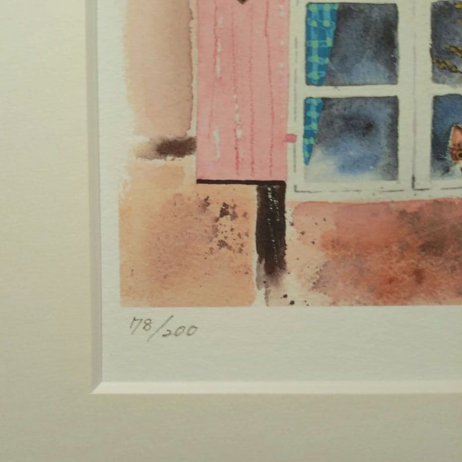 猫の版画 渡辺あきお 額装品 ジクレー 限定品 メルヘン 癒し系 猫好き 犬好き