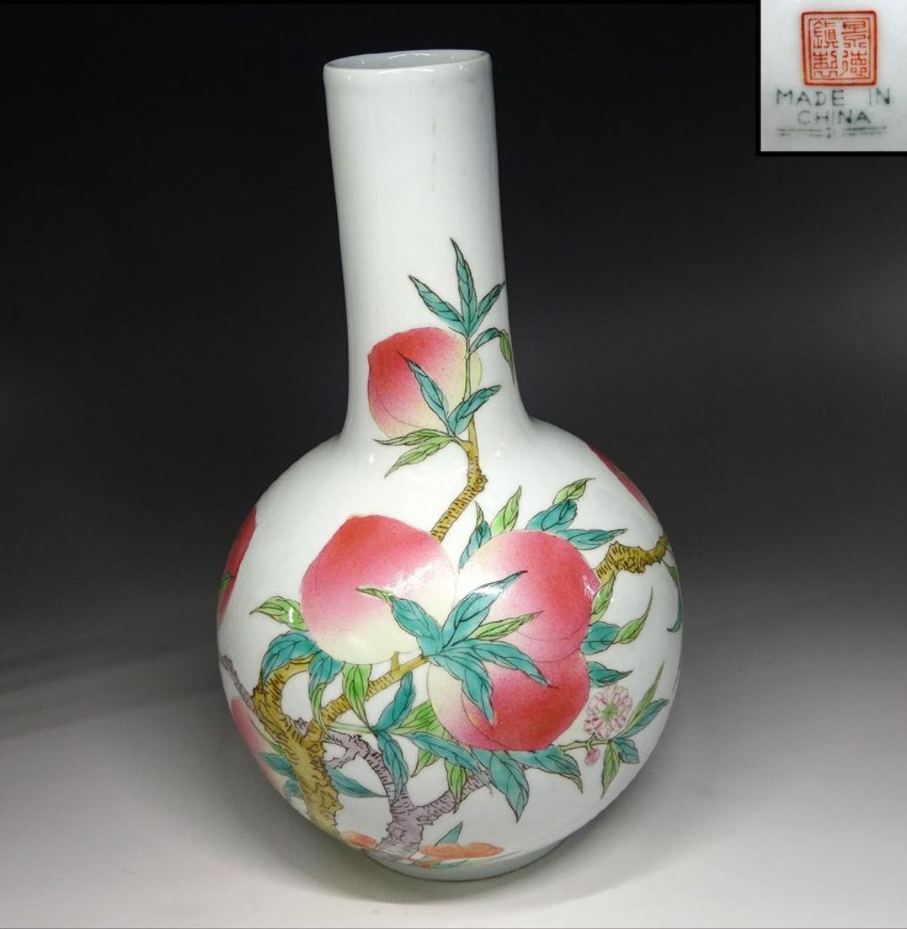 中国古玩 粉彩 桃漢詩文 景徳鎮製 花瓶 高約28.5cm f031107