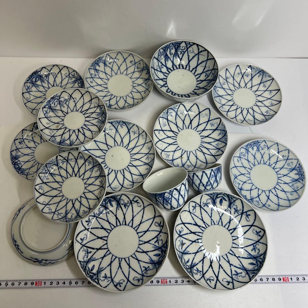 江戸後期　古伊万里　上手竹花文　中皿、猪口　通り物15点　東さ8-0124☆2F