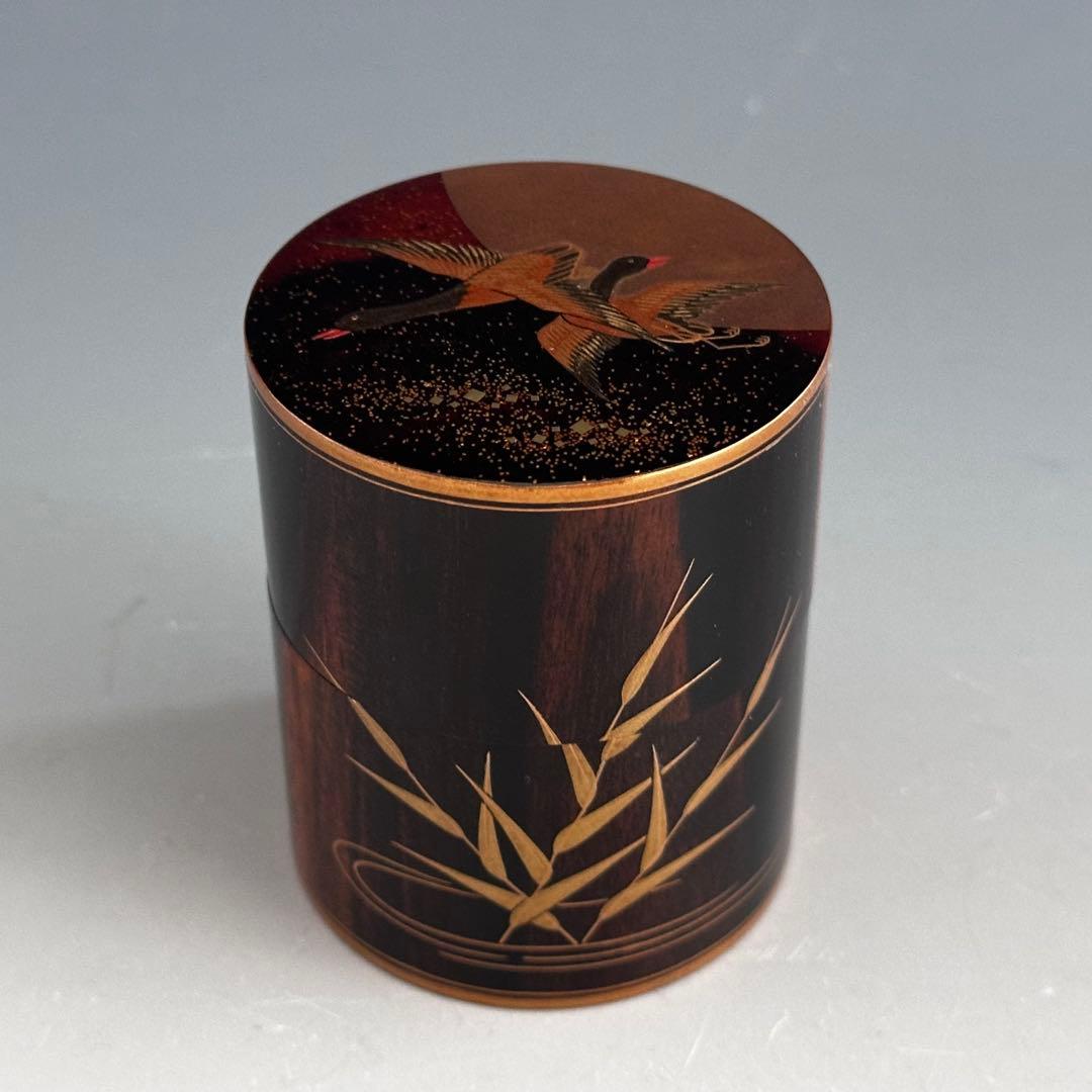 茶道具　黒柿　二季鳥蒔絵　中次　茶器　中村宗悦　共箱　漆芸　月に雁　秋　茶会