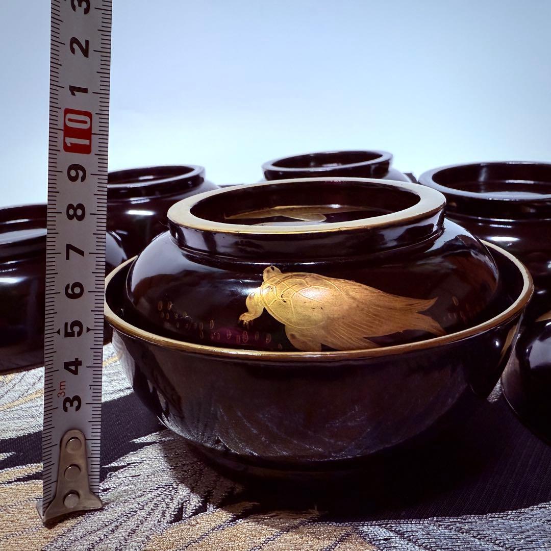 漆器　輪島塗　沈金　金蒔絵　木製　蓋付椀　お煮物椀　吸物椀　5客　骨董品