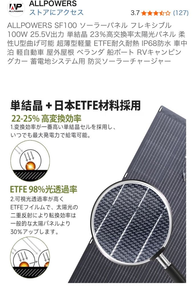 ALLPOWERS SF100 ソーラーパネル 100W（2枚）