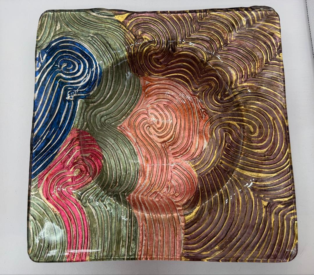 坂田甚内作　ガラス金彩波紋四方皿　名人作　送料込み250606