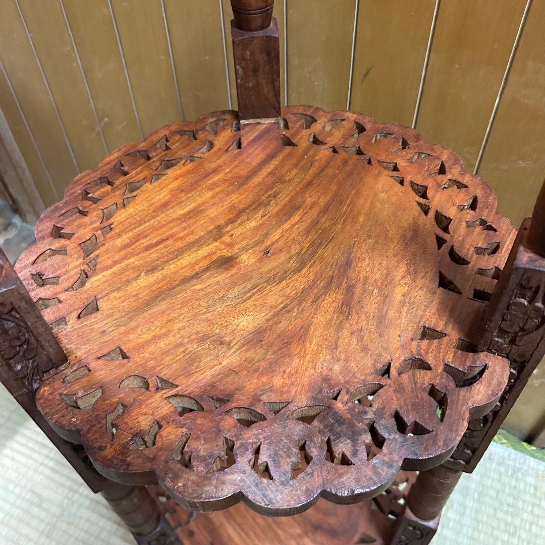 木製2段シェルフ【象嵌細工•彫刻透し彫り】サイドテーブル　飾り棚　花台　アジアン