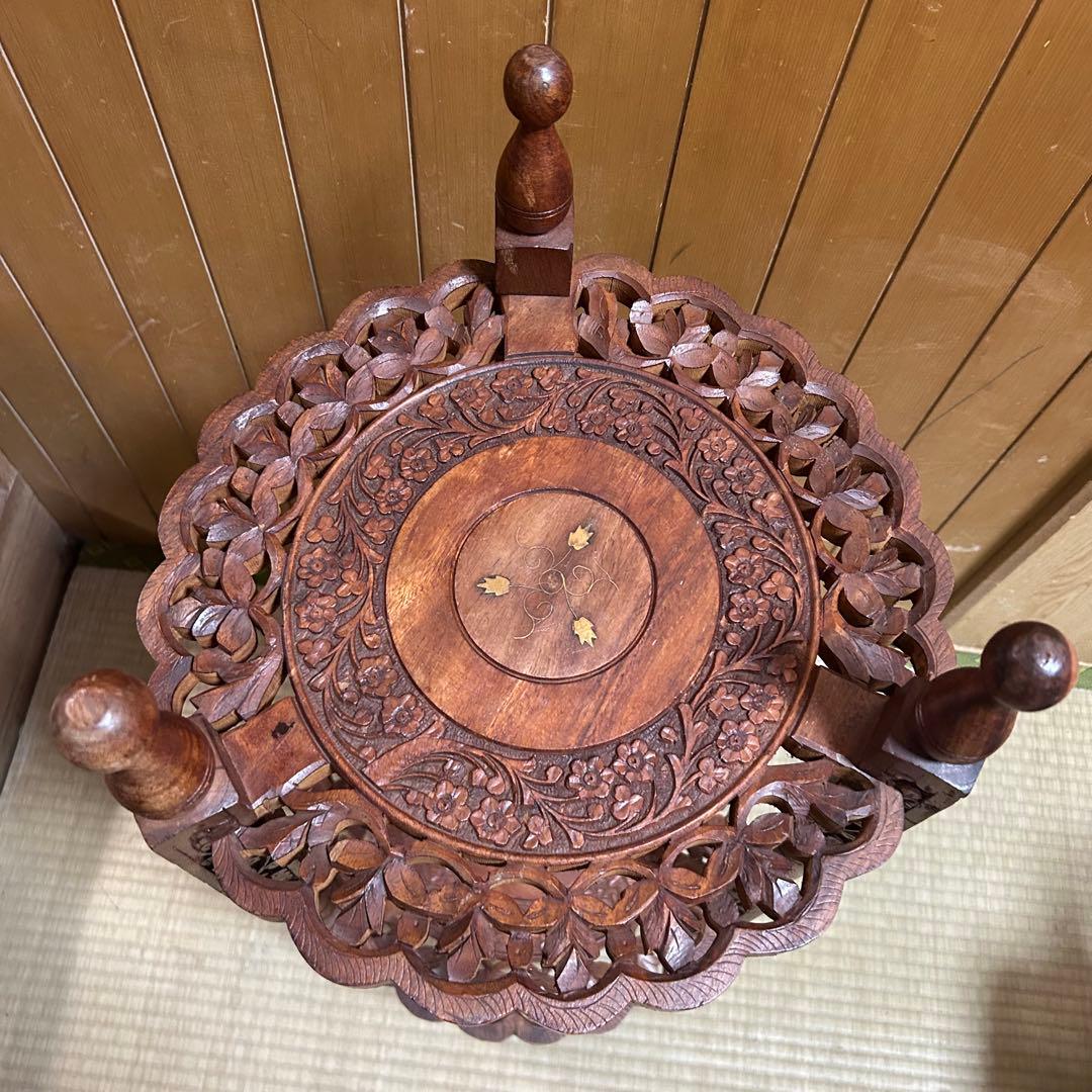 木製2段シェルフ【象嵌細工•彫刻透し彫り】サイドテーブル　飾り棚　花台　アジアン