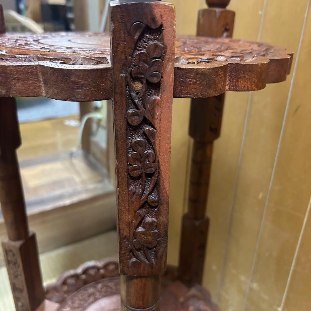 木製2段シェルフ【象嵌細工•彫刻透し彫り】サイドテーブル　飾り棚　花台　アジアン