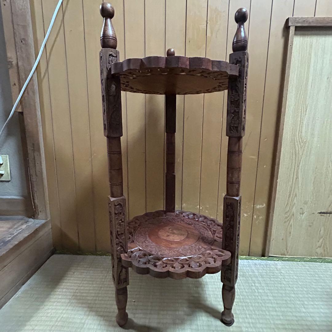 木製2段シェルフ【象嵌細工•彫刻透し彫り】サイドテーブル　飾り棚　花台　アジアン