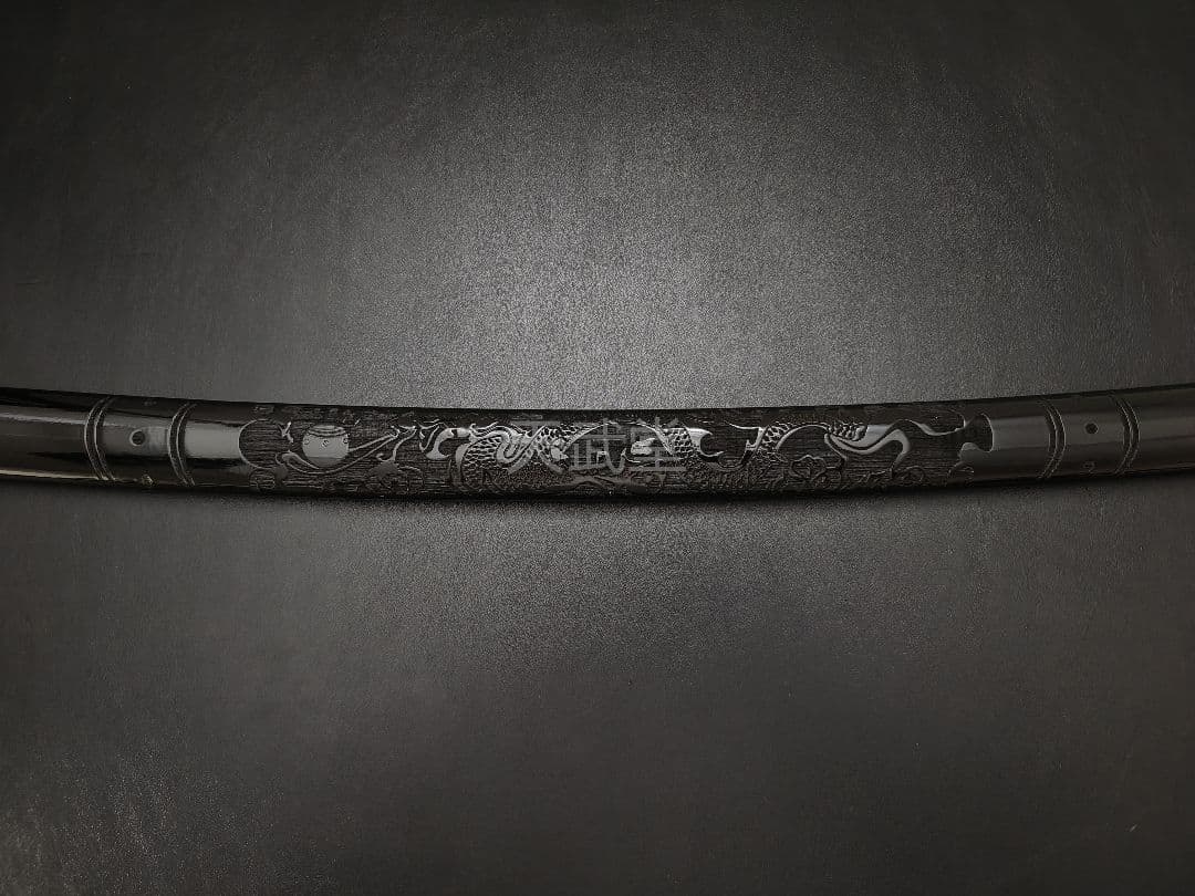 CSQ02　日本刀鞘　黒鞘　龍図　両面彫刻　拵え　栗形　反り約2.3CM