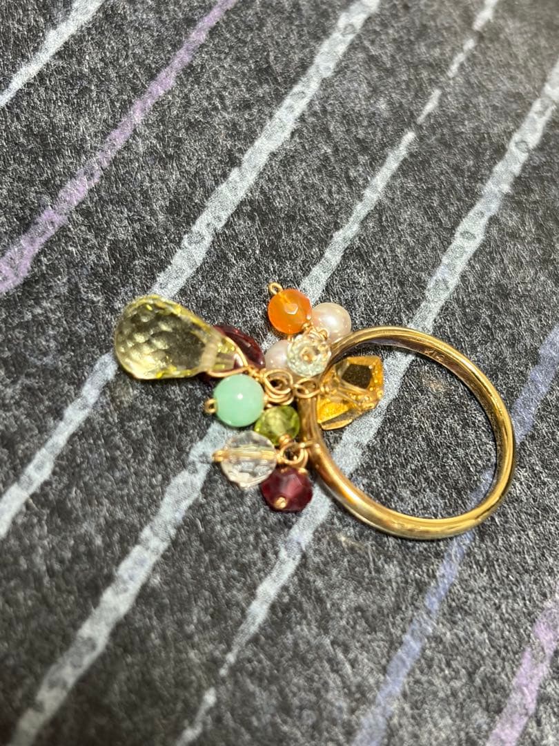 ⭐️K14イエローゴールドリング 天然石チャーム付き