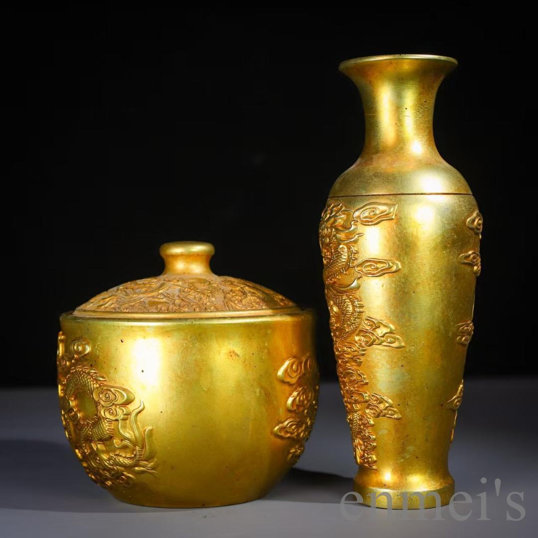 中国古美術 龍鳳文彫刻壺と容器セット 共箱 描金 純銅製 花瓶揃 供養用 置物