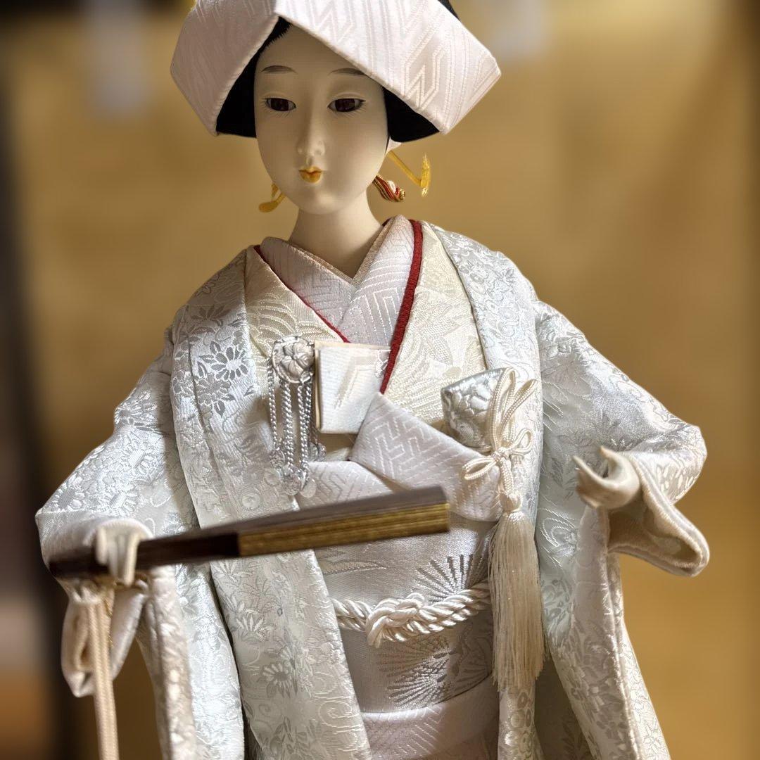 嘉美礼作 花嫁人形 白無垢 ガラスケース入り 木札・鶴飾り付き 和装人形