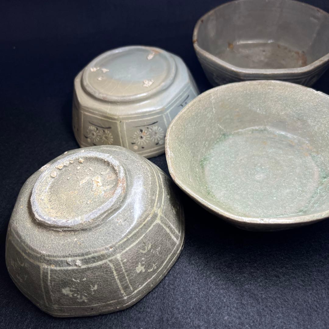 16世紀　高麗青磁　上手白泥象嵌八角鉢4客　幅約11.5㎝東Y7-1224☆2F