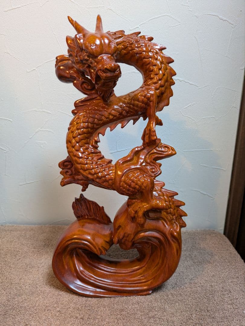 木彫り龍 昇り龍 置物 風水 龍神 辰年 金運 幸運祈願 高さ38cm