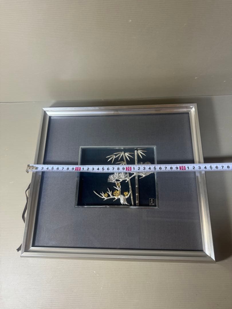 2607 純銀 貴金属画 松竹梅 光則作　銀工芸　額縁 飾り