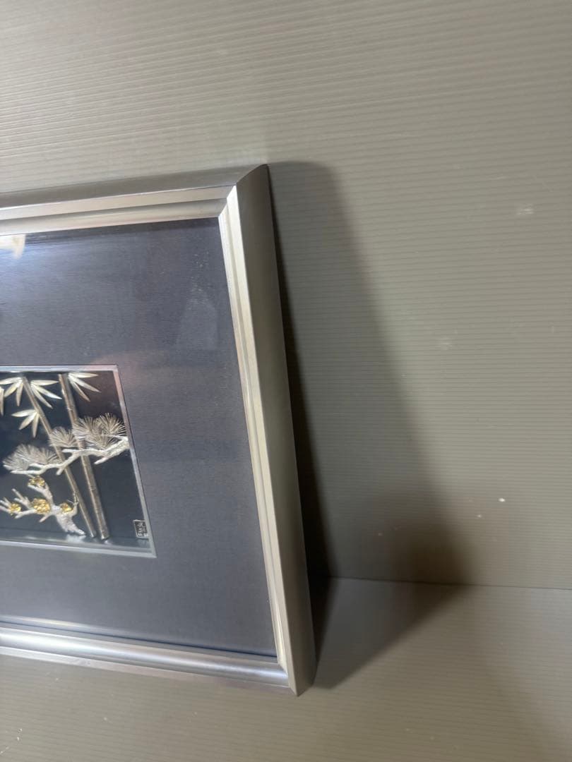 2607 純銀 貴金属画 松竹梅 光則作　銀工芸　額縁 飾り
