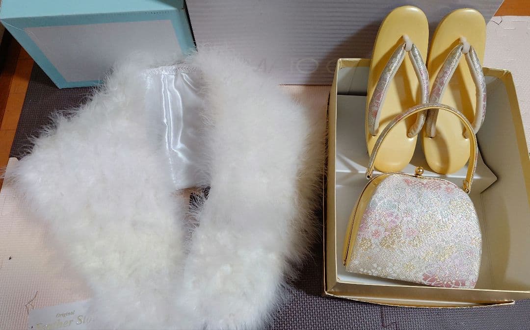 Y出品♥和装用バッグと草履、フェザーストールセット♥振り袖♥成人式