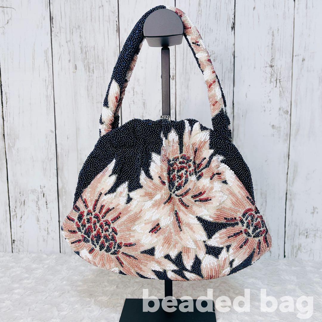 ビーズバッグ 花柄 フラワー ギャザー ハンドバッグ ヴィンテージ レトロ