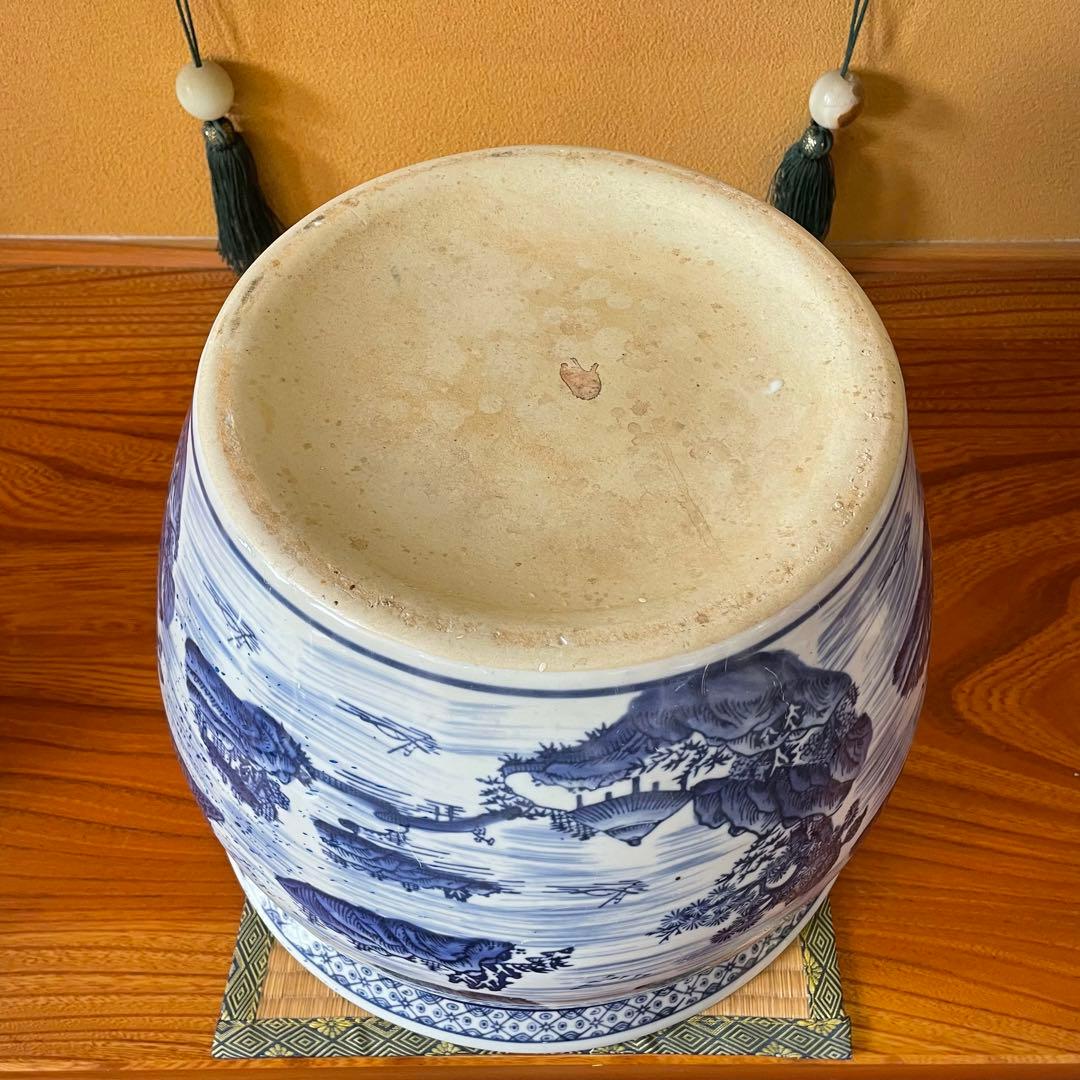 染付 山水図 火鉢 陶器 メダカ鉢 金魚鉢 睡蓮鉢 骨董品