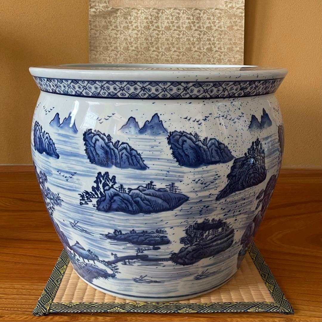 染付 山水図 火鉢 陶器 メダカ鉢 金魚鉢 睡蓮鉢 骨董品