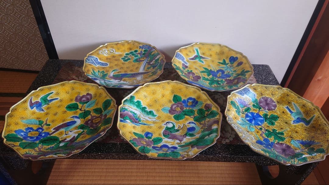 有田焼　角福花鳥絵図中皿五枚組