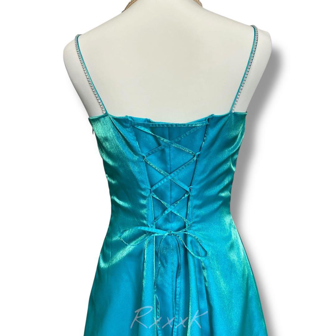 ジュネビビアン 高級 ロングドレス 演奏会 アシンメトリー 光沢 ブルーグリーン