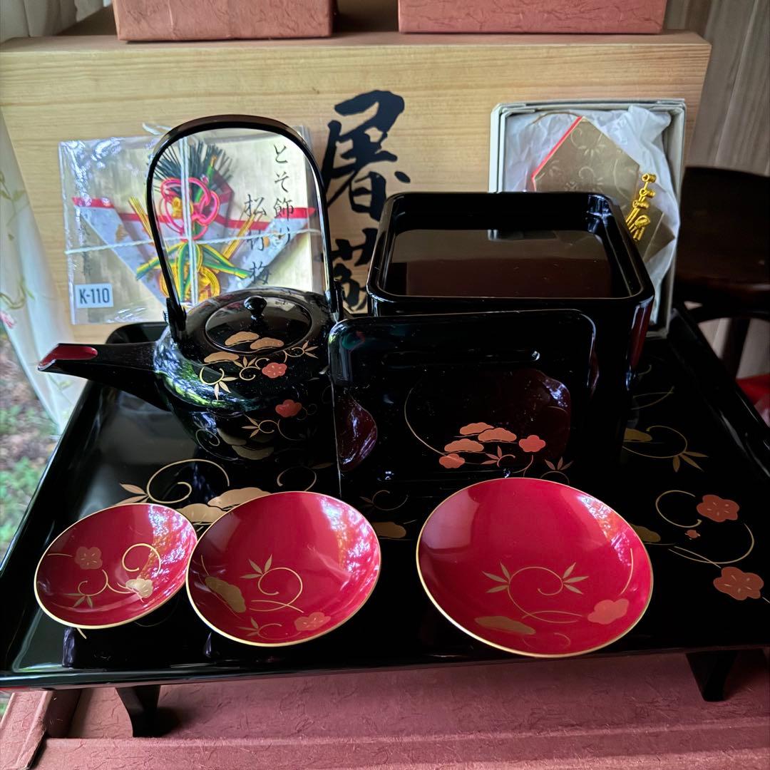 超限定1月12日迄‼️節目にJAPAN天然木会津塗お屠蘇器蒔絵松竹梅四ッ揃杉箱入